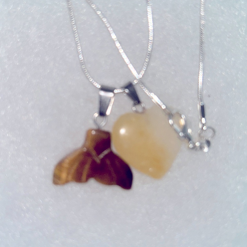 Boho hippie Tigers Eye Mermaid tail and Citrine Heart ❤️ Silver Necklace 16”